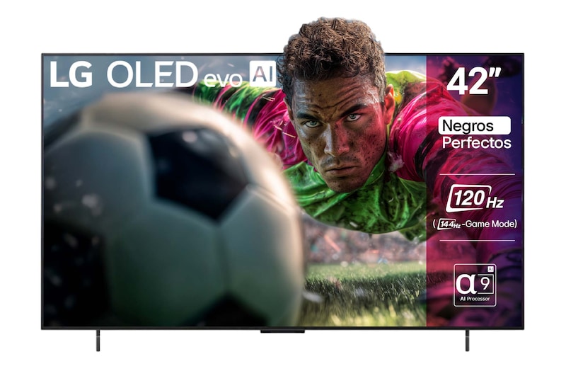 Vista de frente de la Smart TV LG OLED evo AI C5 4K. El emblema “OLED, número 1 del mundo durante 12 años” y el logotipo de LG OLED evo AI 2025 aparecen en la pantalla.